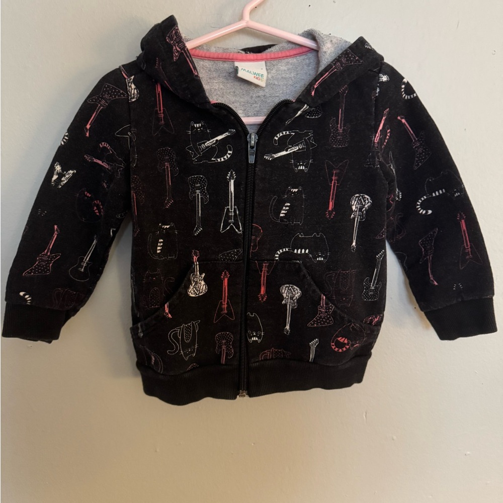 Malwee kids black full zip hoodie with guitar and kitty print size 2T